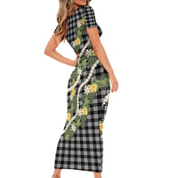 Aloha Puakenikeni Anthurium Pikake Lei Family Matching Short Sleeve Bodycon Dress and Hawaiian Shirt Black Hawaiian Palaka Pattern