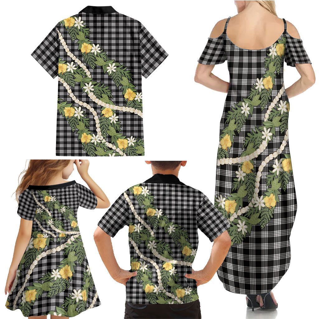 Aloha Puakenikeni Anthurium Pikake Lei Family Matching Summer Maxi Dress and Hawaiian Shirt Black Hawaiian Palaka Pattern