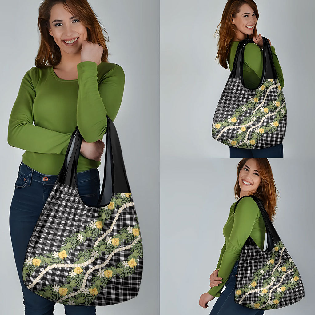 Aloha Puakenikeni Anthurium Pikake Lei Grocery Bag Black Hawaiian Palaka Pattern