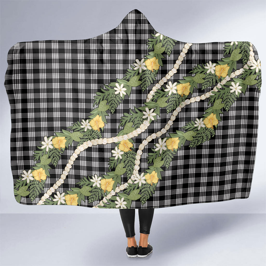 Aloha Puakenikeni Anthurium Pikake Lei Hooded Blanket Black Hawaiian Palaka Pattern