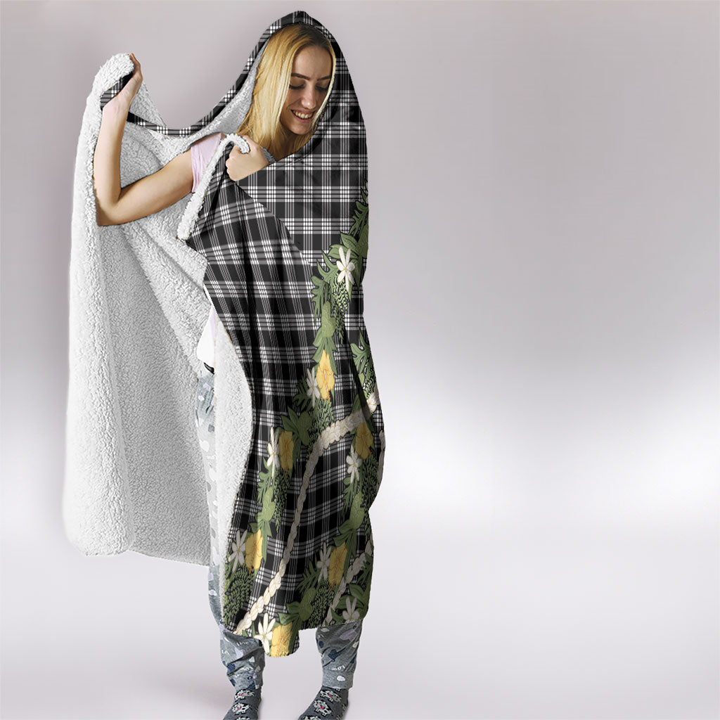 Aloha Puakenikeni Anthurium Pikake Lei Hooded Blanket Black Hawaiian Palaka Pattern