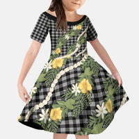 Aloha Puakenikeni Anthurium Pikake Lei Kid Short Sleeve Dress Black Hawaiian Palaka Pattern
