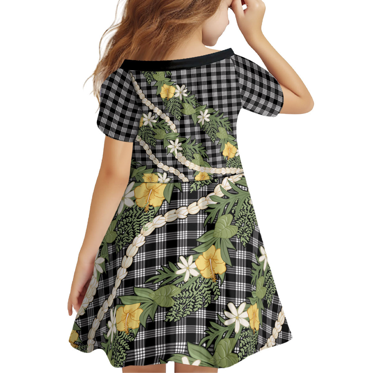 Aloha Puakenikeni Anthurium Pikake Lei Kid Short Sleeve Dress Black Hawaiian Palaka Pattern