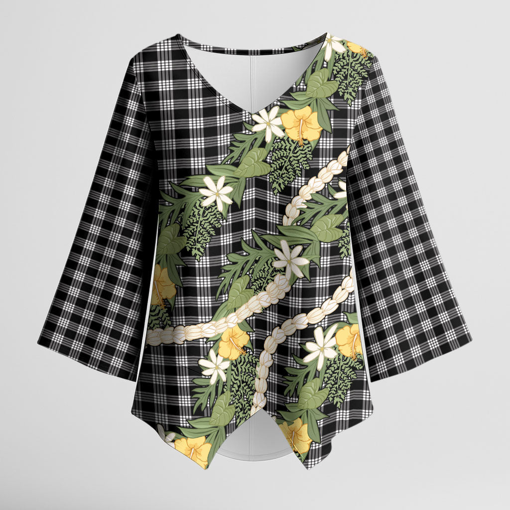Aloha Puakenikeni Anthurium Pikake Lei Kimono Sleeve Blouse Black Hawaiian Palaka Pattern LT9 Female Black - Polynesian Pride
