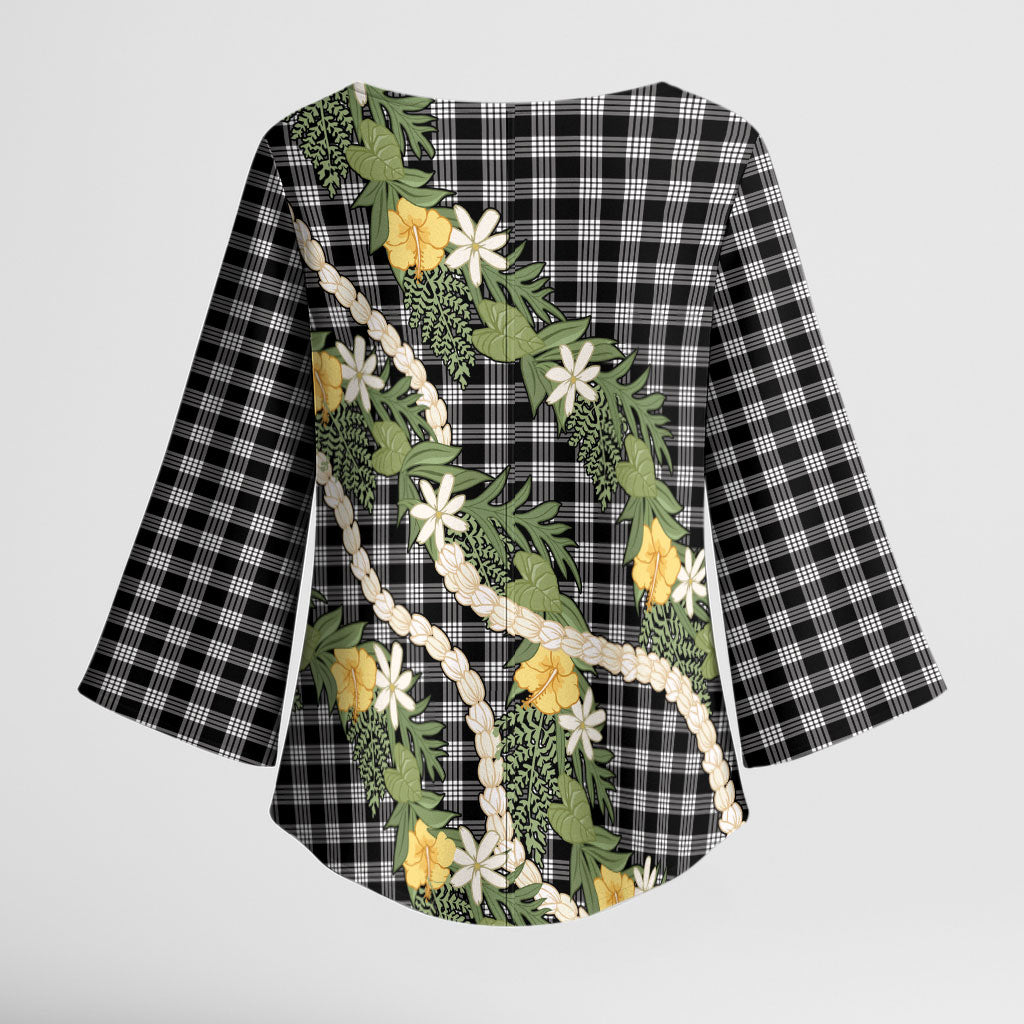 Aloha Puakenikeni Anthurium Pikake Lei Kimono Sleeve Blouse Black Hawaiian Palaka Pattern