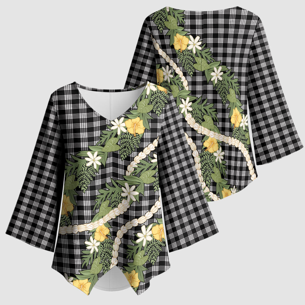 Aloha Puakenikeni Anthurium Pikake Lei Kimono Sleeve Blouse Black Hawaiian Palaka Pattern