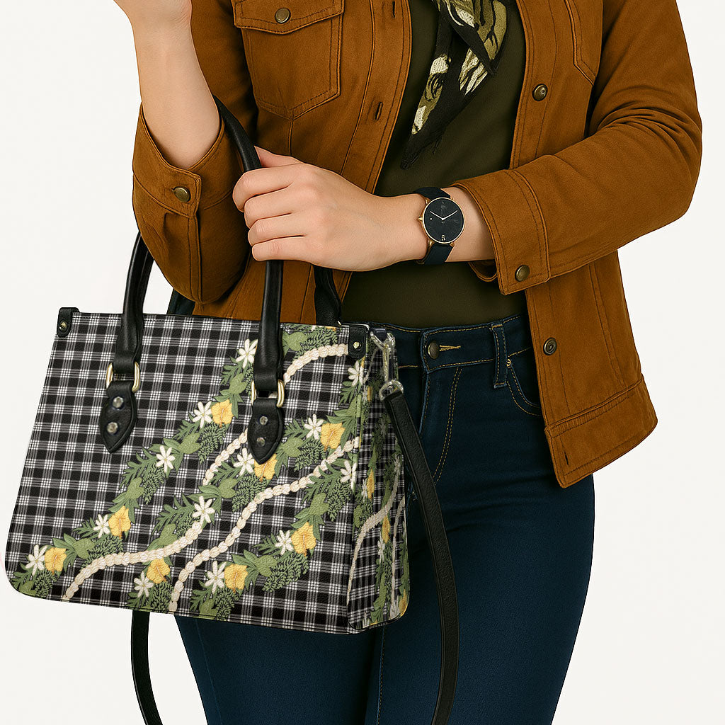 Aloha Puakenikeni Anthurium Pikake Lei Leather Bag Black Hawaiian Palaka Pattern