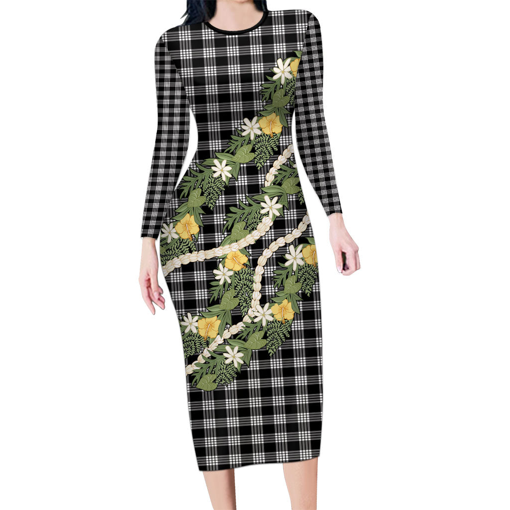 Aloha Puakenikeni Anthurium Pikake Lei Long Sleeve Bodycon Dress Black Hawaiian Palaka Pattern LT9 Long Dress Black - Polynesian Pride