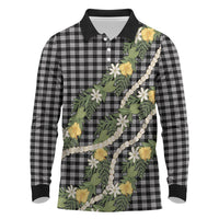 Aloha Puakenikeni Anthurium Pikake Lei Long Sleeve Polo Shirt Black Hawaiian Palaka Pattern