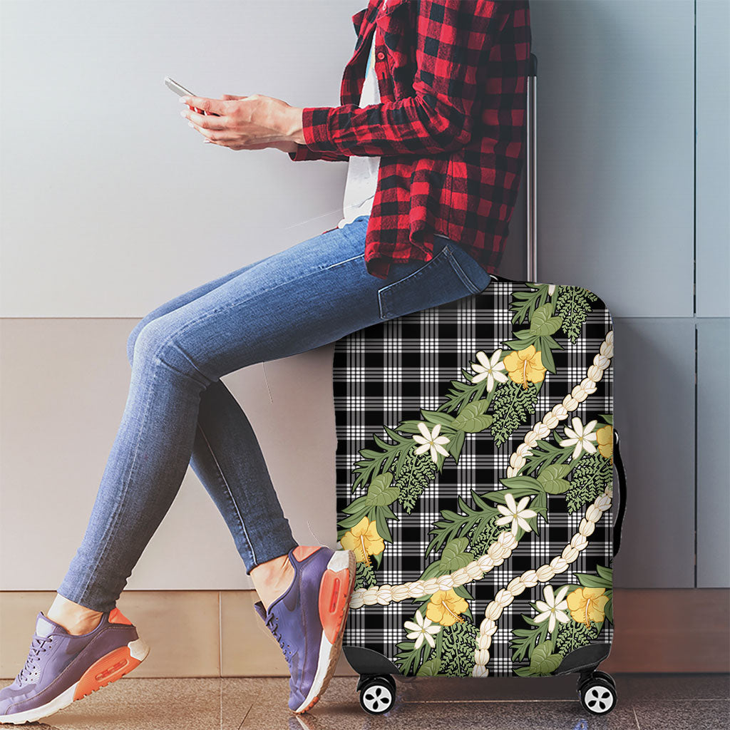 Aloha Puakenikeni Anthurium Pikake Lei Luggage Cover Black Hawaiian Palaka Pattern