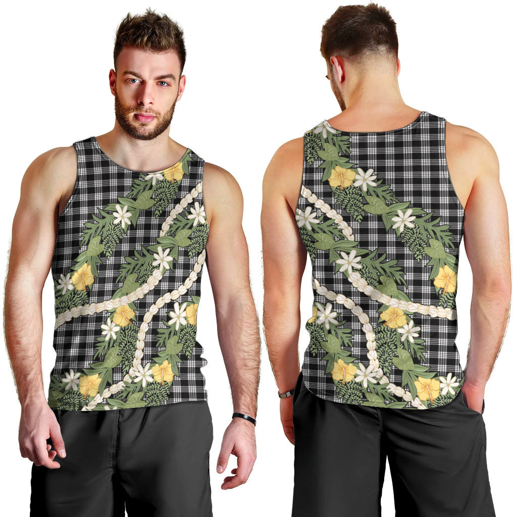 Aloha Puakenikeni Anthurium Pikake Lei Men Tank Top Black Hawaiian Palaka Pattern