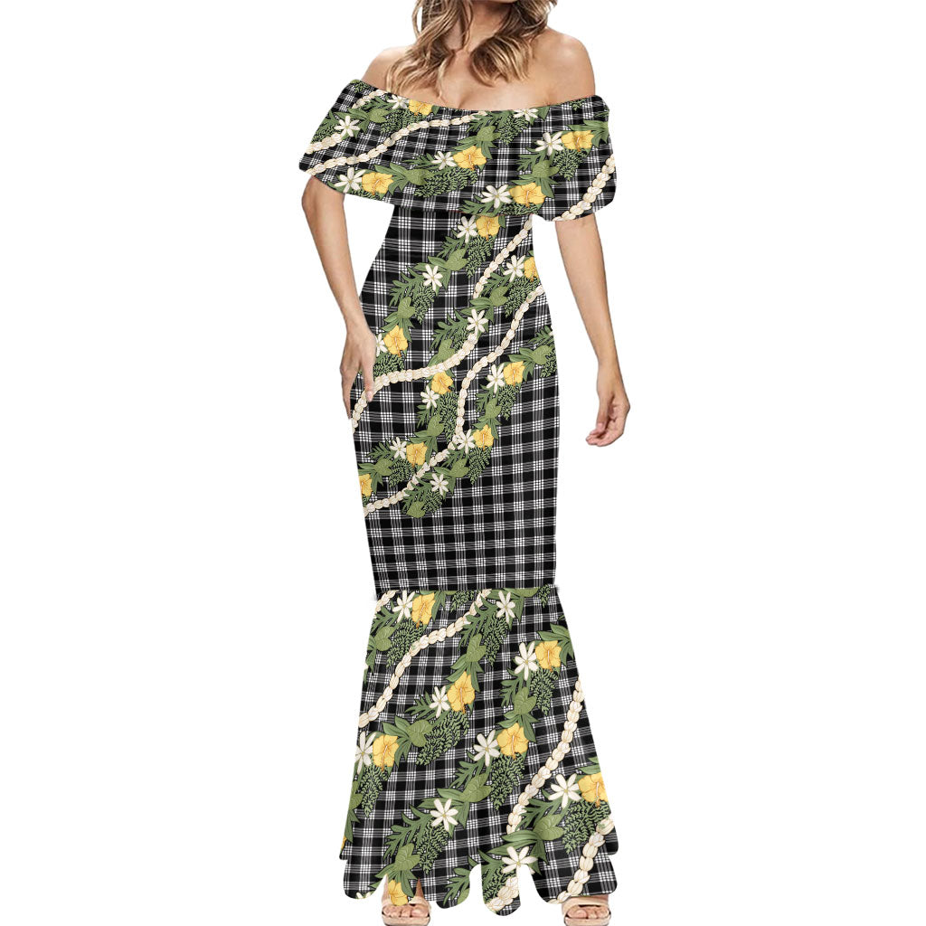 Aloha Puakenikeni Anthurium Pikake Lei Mermaid Dress Black Hawaiian Palaka Pattern