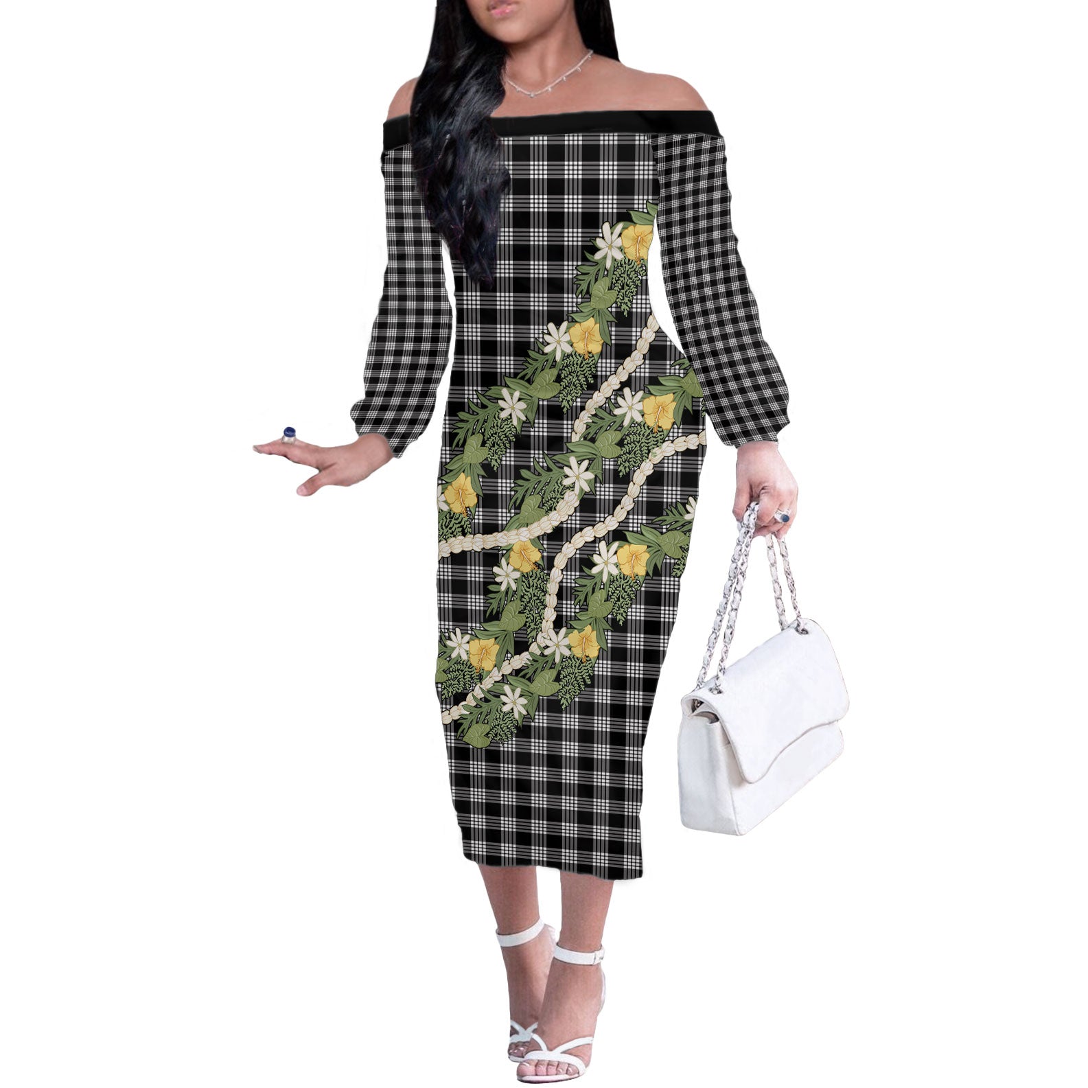 Aloha Puakenikeni Anthurium Pikake Lei Off The Shoulder Long Sleeve Dress Black Hawaiian Palaka Pattern