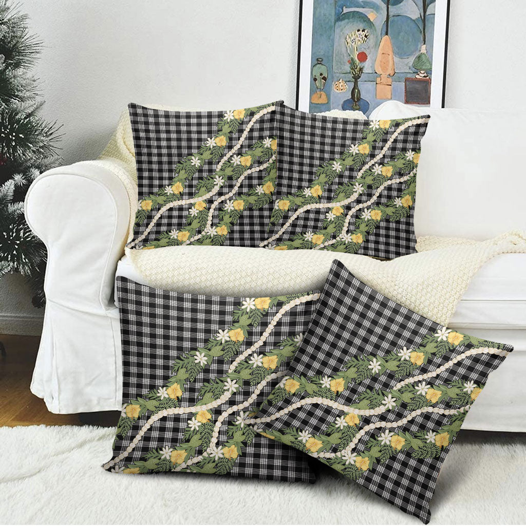Aloha Puakenikeni Anthurium Pikake Lei Pillow Cover Black Hawaiian Palaka Pattern
