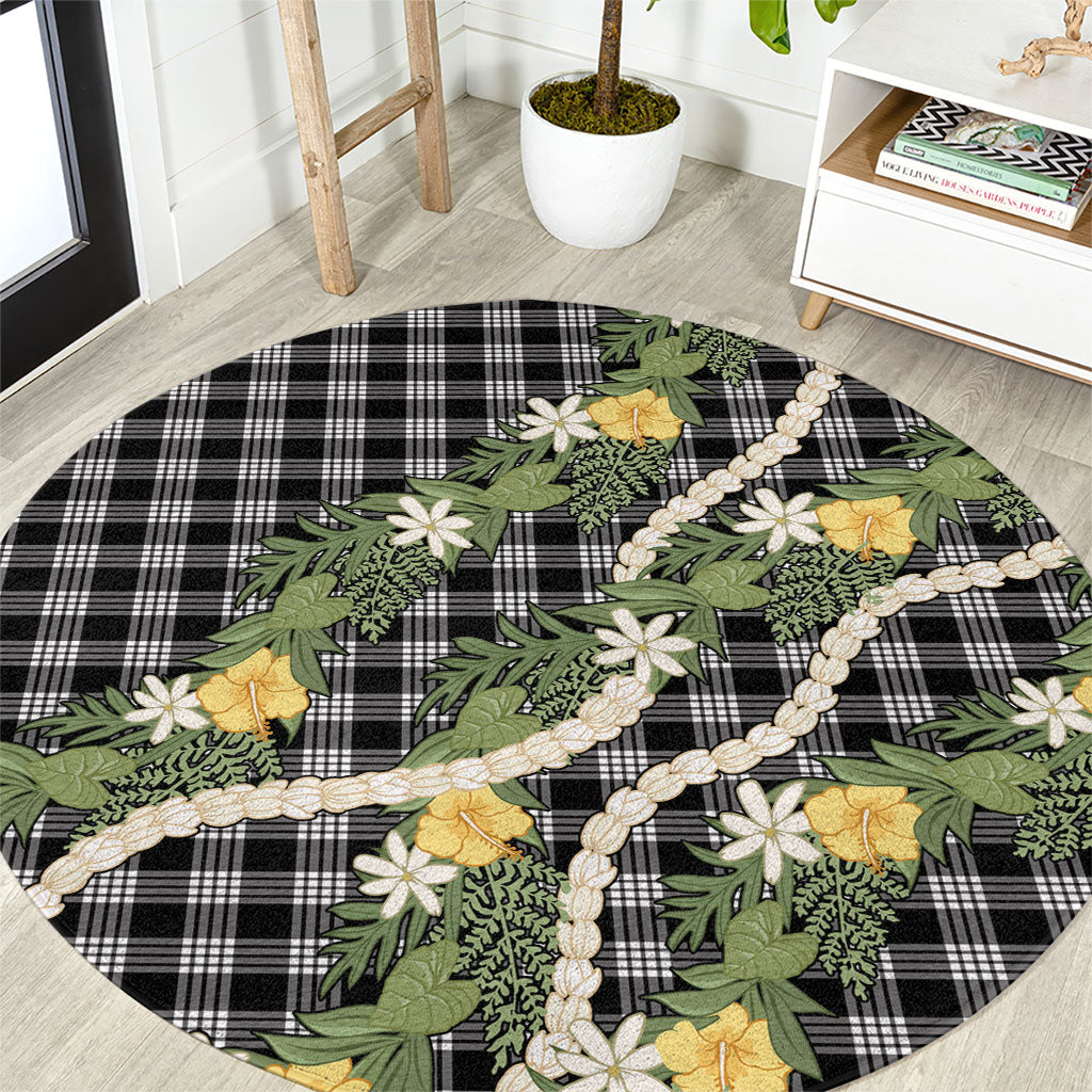 Aloha Puakenikeni Anthurium Pikake Lei Round Carpet Black Hawaiian Palaka Pattern LT9 Black - Polynesian Pride