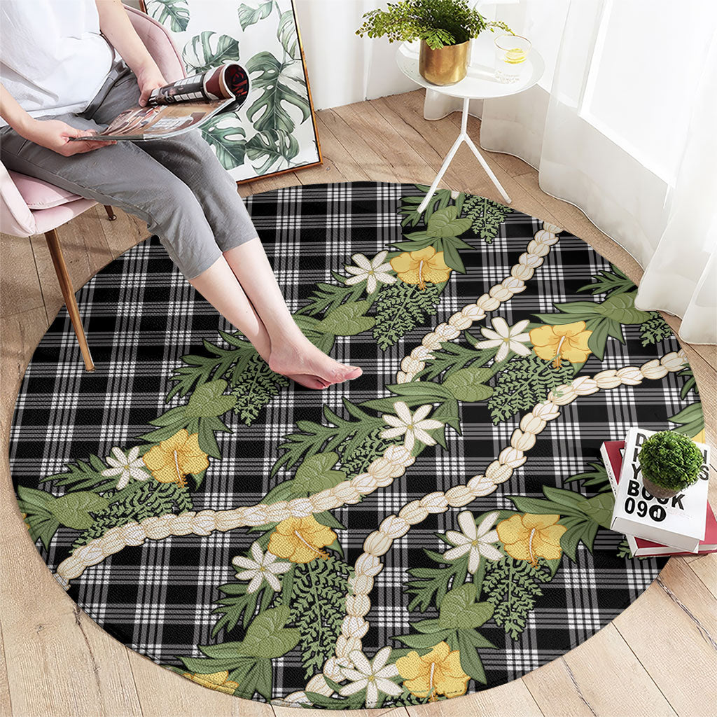 Aloha Puakenikeni Anthurium Pikake Lei Round Carpet Black Hawaiian Palaka Pattern