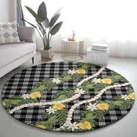 Aloha Puakenikeni Anthurium Pikake Lei Round Carpet Black Hawaiian Palaka Pattern