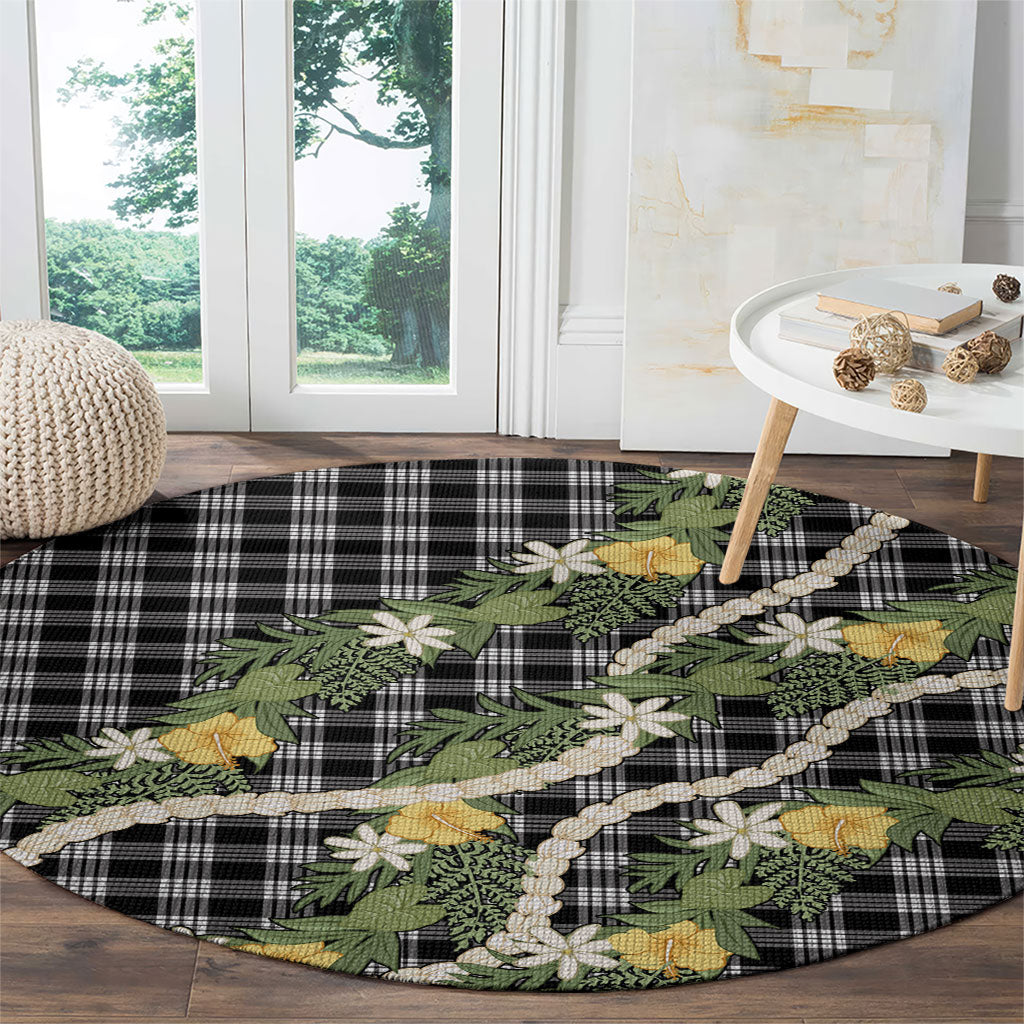 Aloha Puakenikeni Anthurium Pikake Lei Round Carpet Black Hawaiian Palaka Pattern