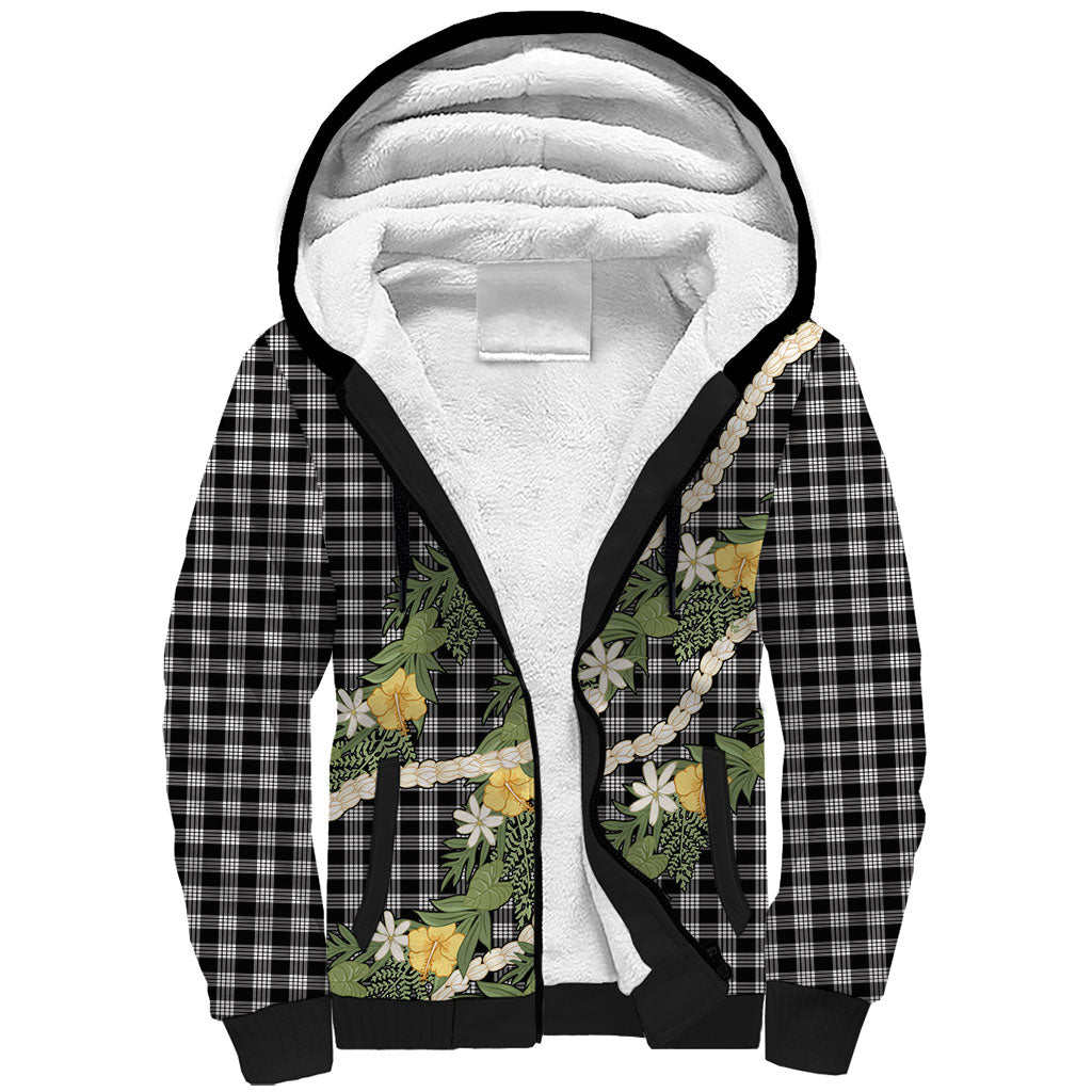 Aloha Puakenikeni Anthurium Pikake Lei Sherpa Hoodie Black Hawaiian Palaka Pattern
