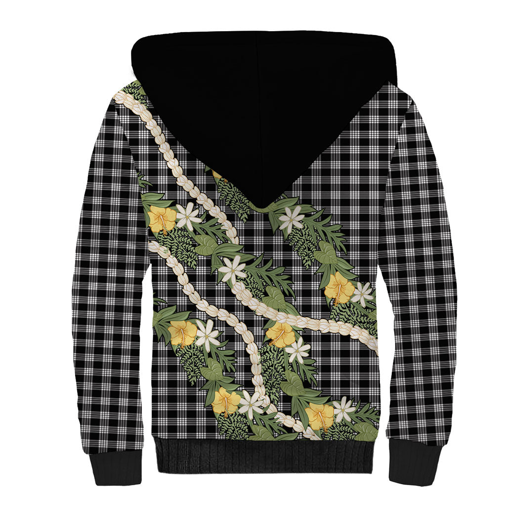 Aloha Puakenikeni Anthurium Pikake Lei Sherpa Hoodie Black Hawaiian Palaka Pattern