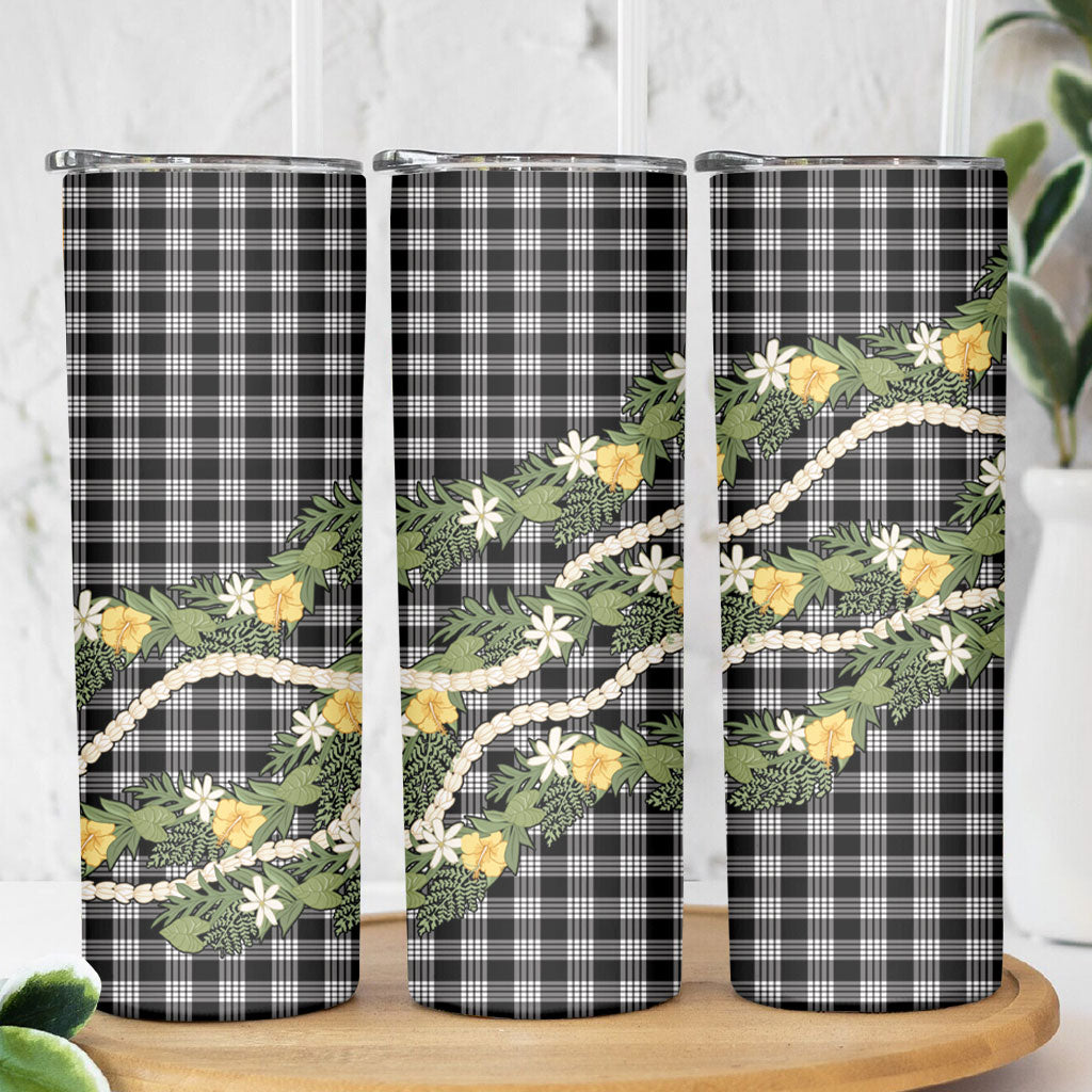 Aloha Puakenikeni Anthurium Pikake Lei Skinny Tumbler Black Hawaiian Palaka Pattern
