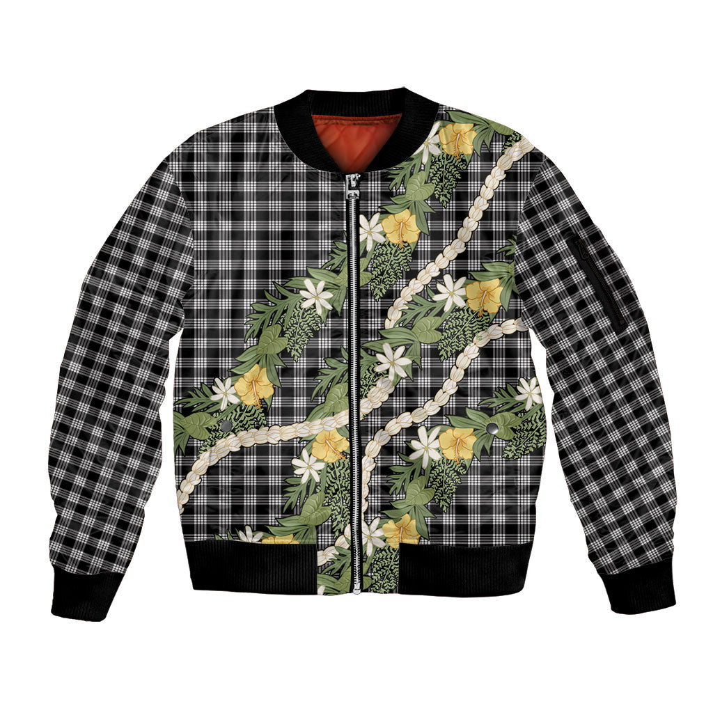 Aloha Puakenikeni Anthurium Pikake Lei Sleeve Zip Bomber Jacket Black Hawaiian Palaka Pattern