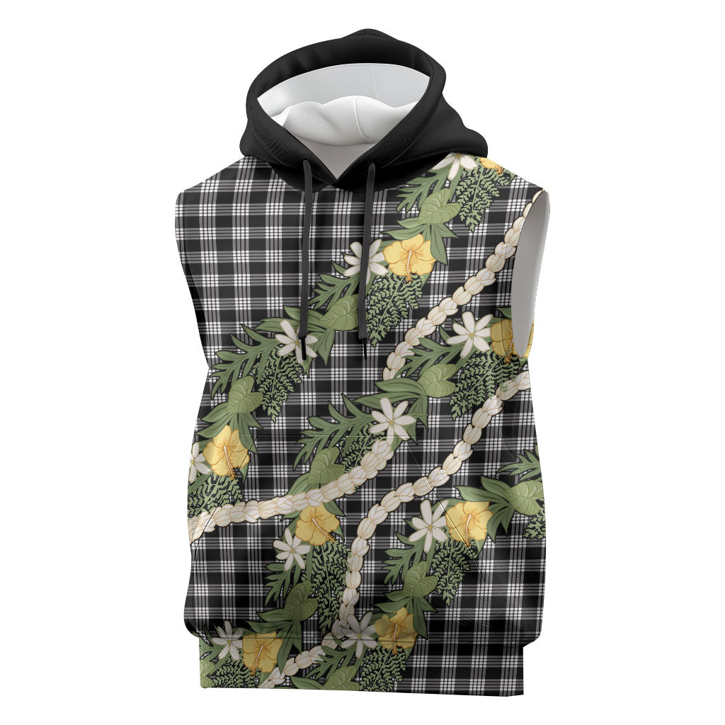 Aloha Puakenikeni Anthurium Pikake Lei Sleeveless Hoodie Black Hawaiian Palaka Pattern LT9 Black - Polynesian Pride