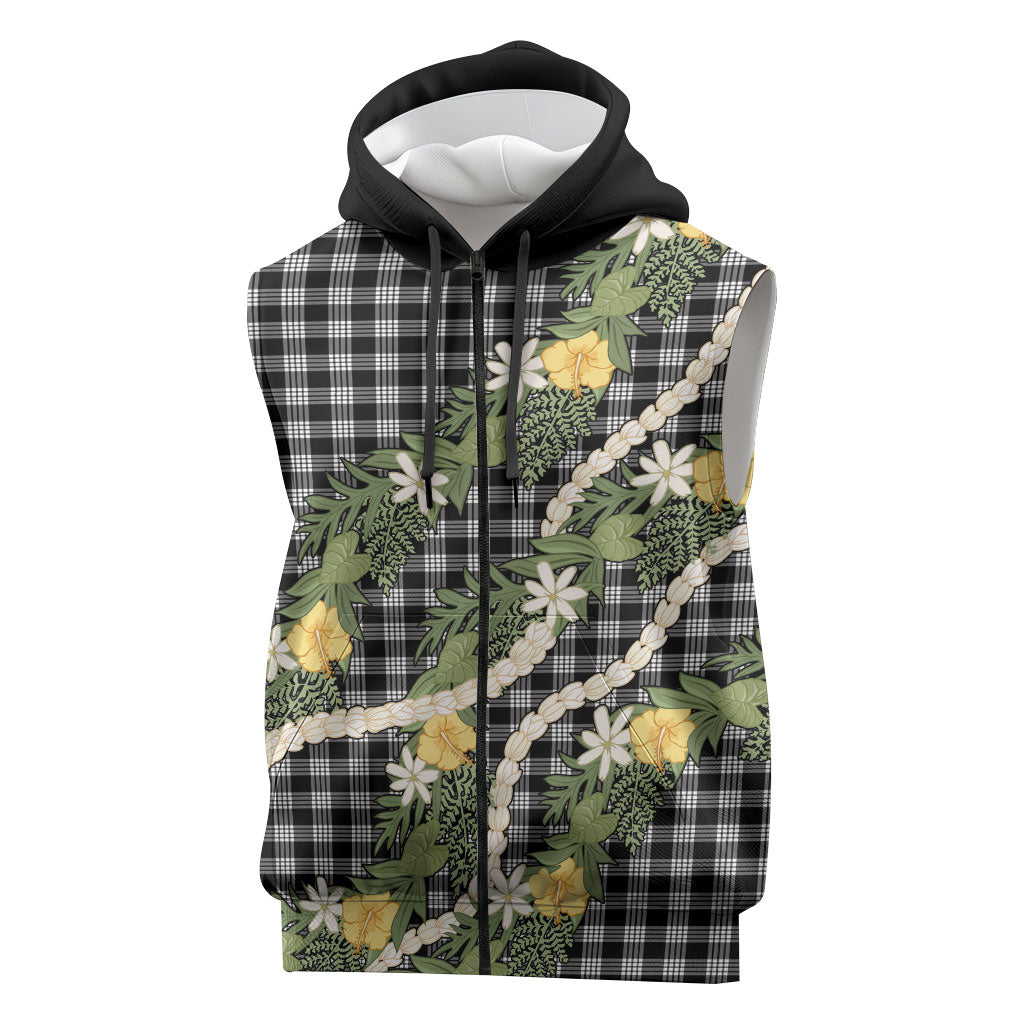 Aloha Puakenikeni Anthurium Pikake Lei Sleeveless Zip Hoodie Black Hawaiian Palaka Pattern LT9 Black - Polynesian Pride