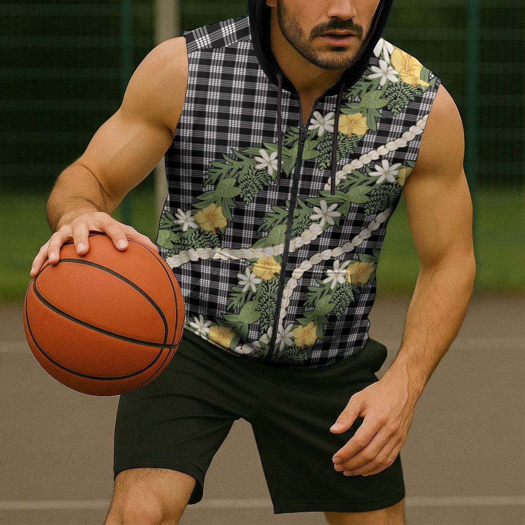 Aloha Puakenikeni Anthurium Pikake Lei Sleeveless Zip Hoodie Black Hawaiian Palaka Pattern