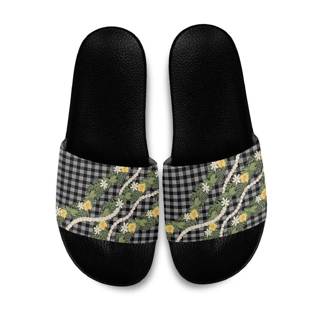 Aloha Puakenikeni Anthurium Pikake Lei Slide Sandals Black Hawaiian Palaka Pattern