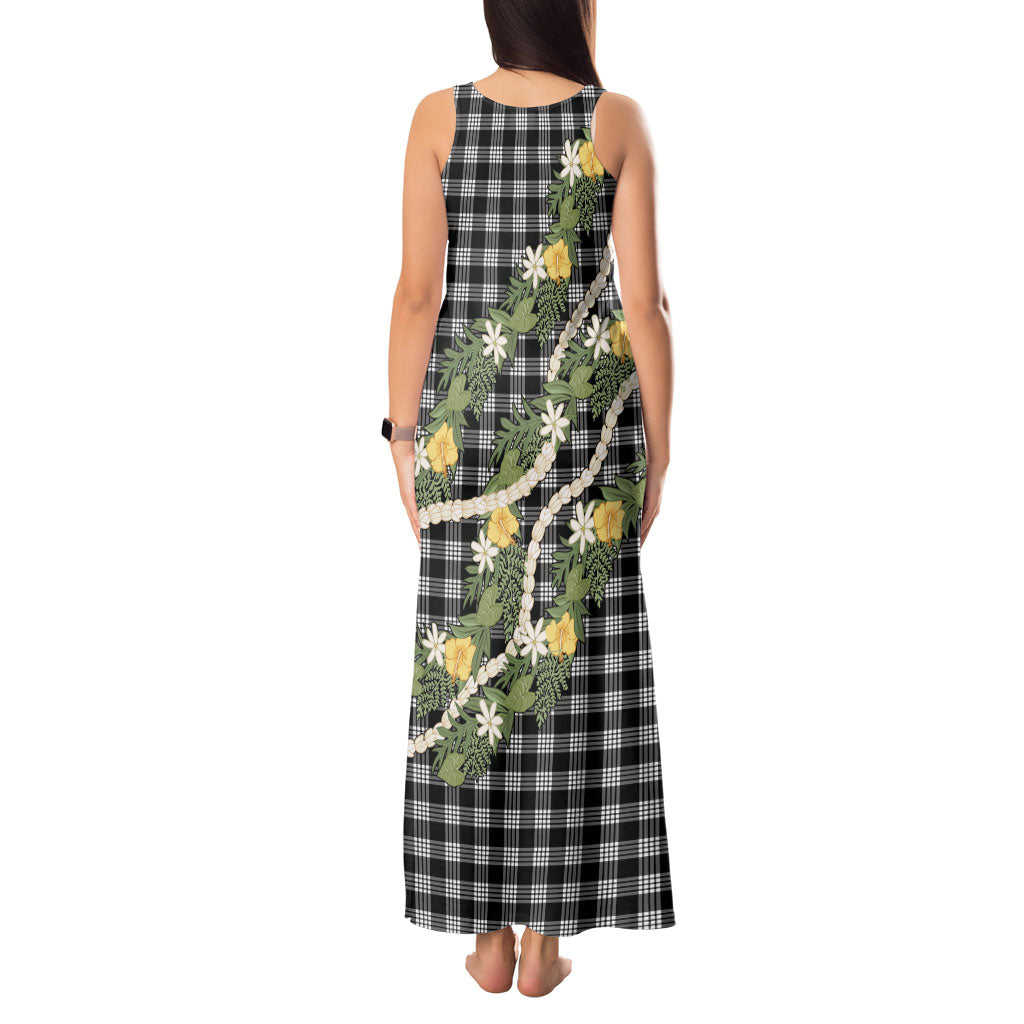 Aloha Puakenikeni Anthurium Pikake Lei Tank Maxi Dress Black Hawaiian Palaka Pattern