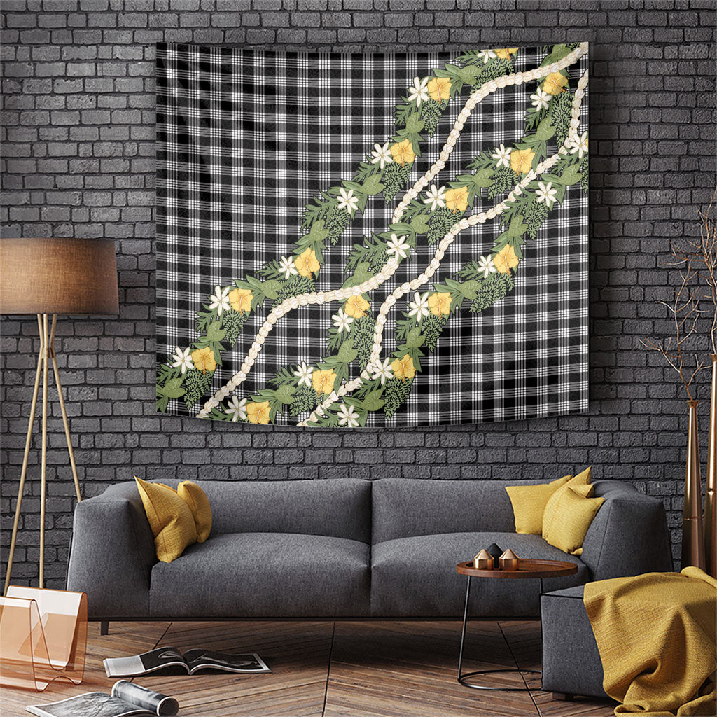 Aloha Puakenikeni Anthurium Pikake Lei Tapestry Black Hawaiian Palaka Pattern