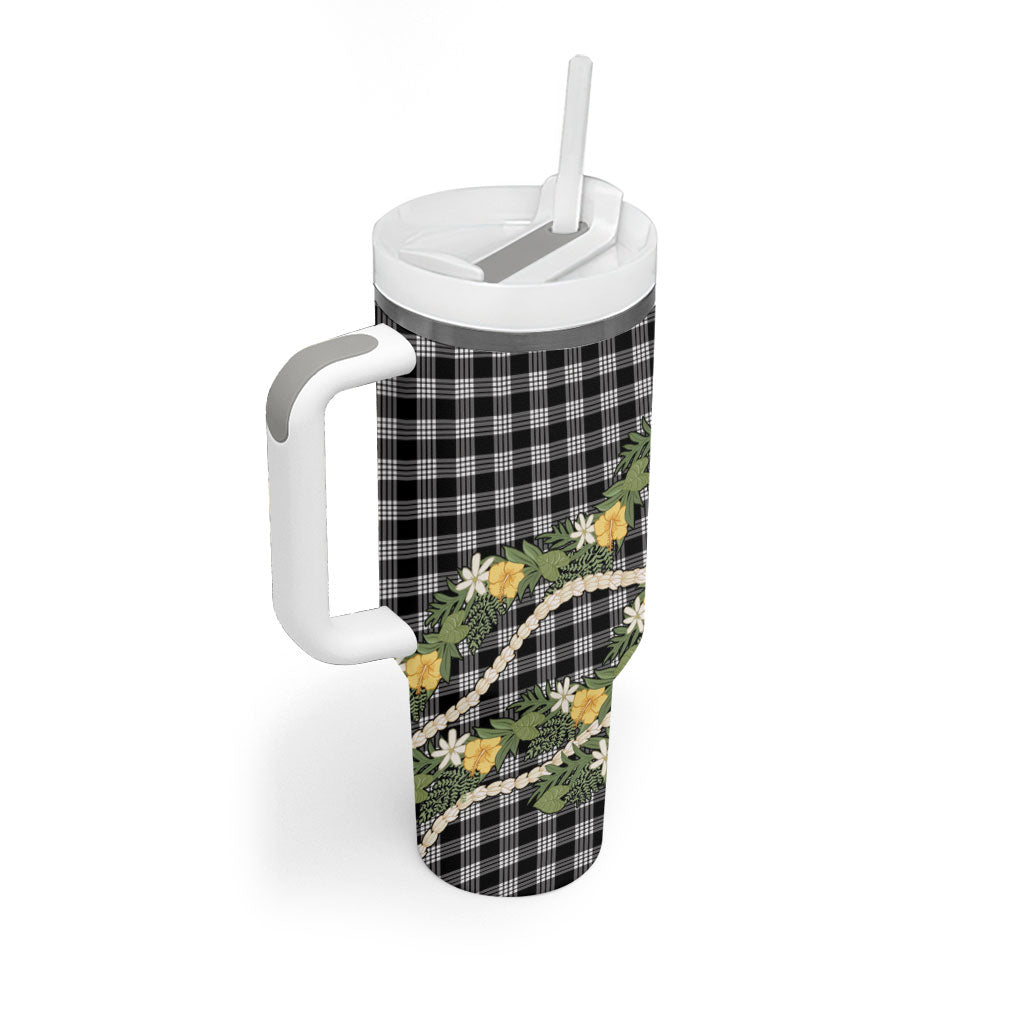 Aloha Puakenikeni Anthurium Pikake Lei Tumbler With Handle Black Hawaiian Palaka Pattern