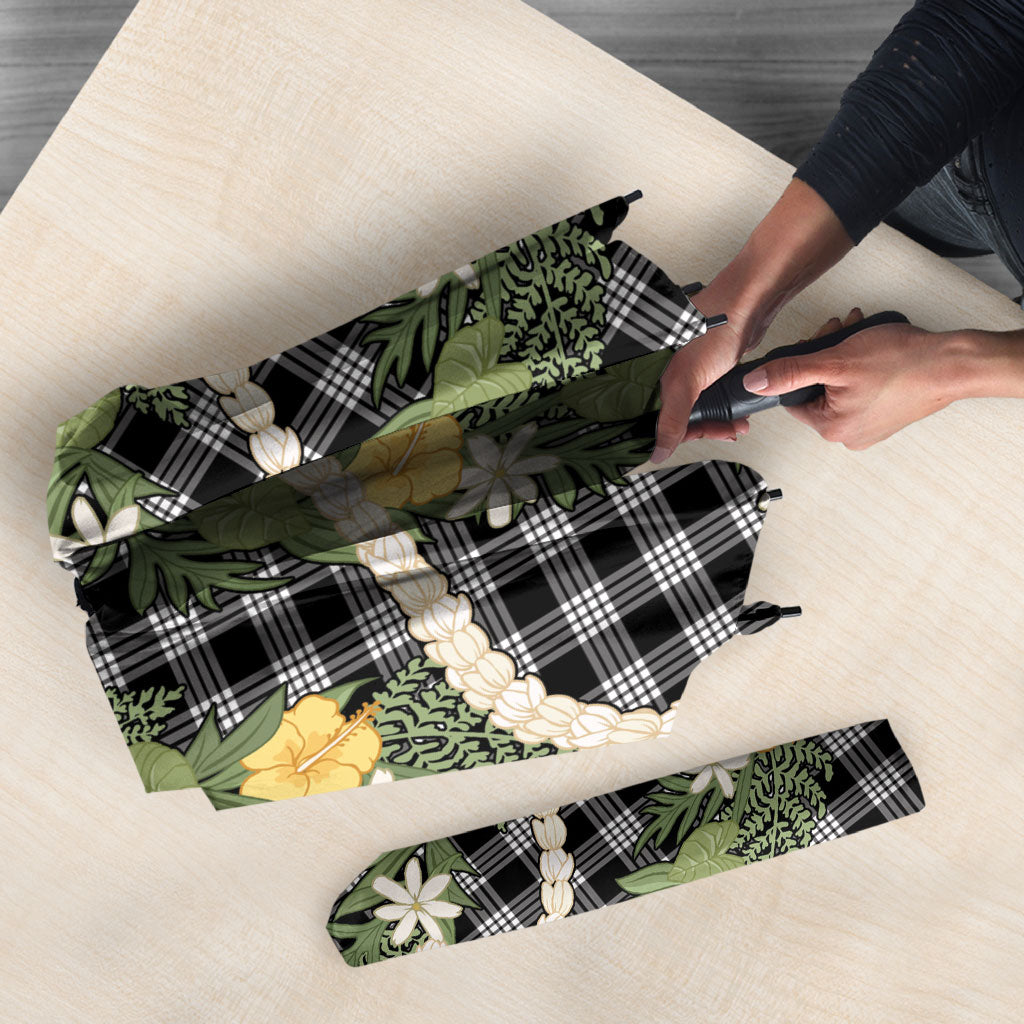 Aloha Puakenikeni Anthurium Pikake Lei Umbrella Black Hawaiian Palaka Pattern