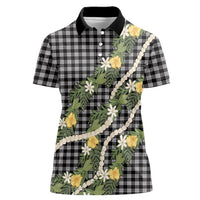 Aloha Puakenikeni Anthurium Pikake Lei Women Polo Shirt Black Hawaiian Palaka Pattern