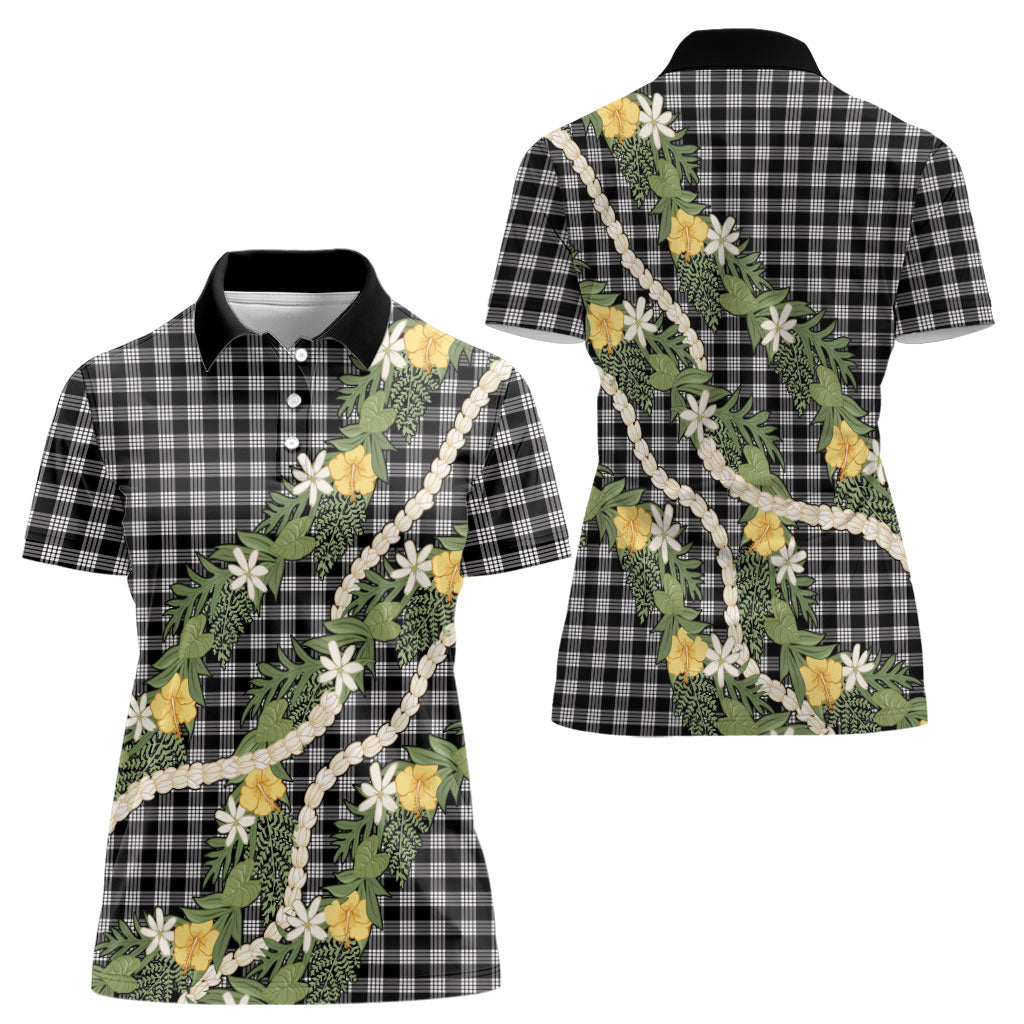 Aloha Puakenikeni Anthurium Pikake Lei Women Polo Shirt Black Hawaiian Palaka Pattern