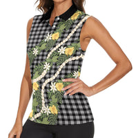 Aloha Puakenikeni Anthurium Pikake Lei Women Sleeveless Polo Shirt Black Hawaiian Palaka Pattern