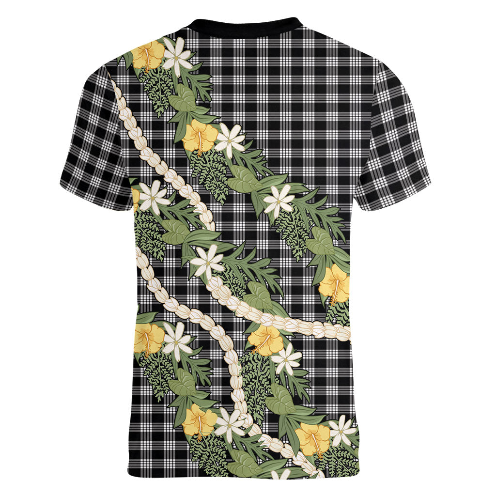 Aloha Puakenikeni Anthurium Pikake Lei Women V-Neck T-Shirt Black Hawaiian Palaka Pattern