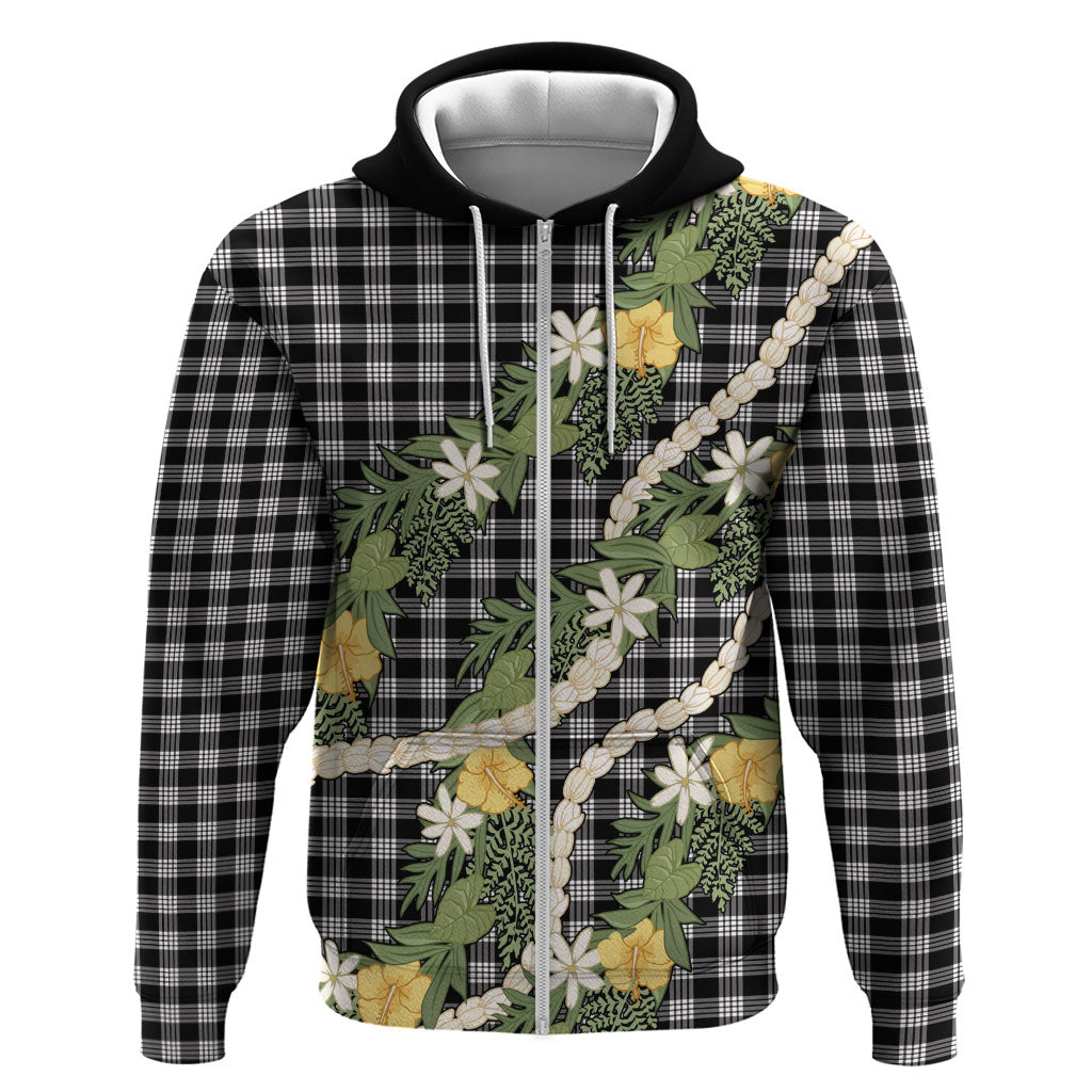 Aloha Puakenikeni Anthurium Pikake Lei Zip Hoodie Black Hawaiian Palaka Pattern