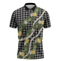 Aloha Puakenikeni Anthurium Pikake Lei Zipper Polo Shirt Black Hawaiian Palaka Pattern