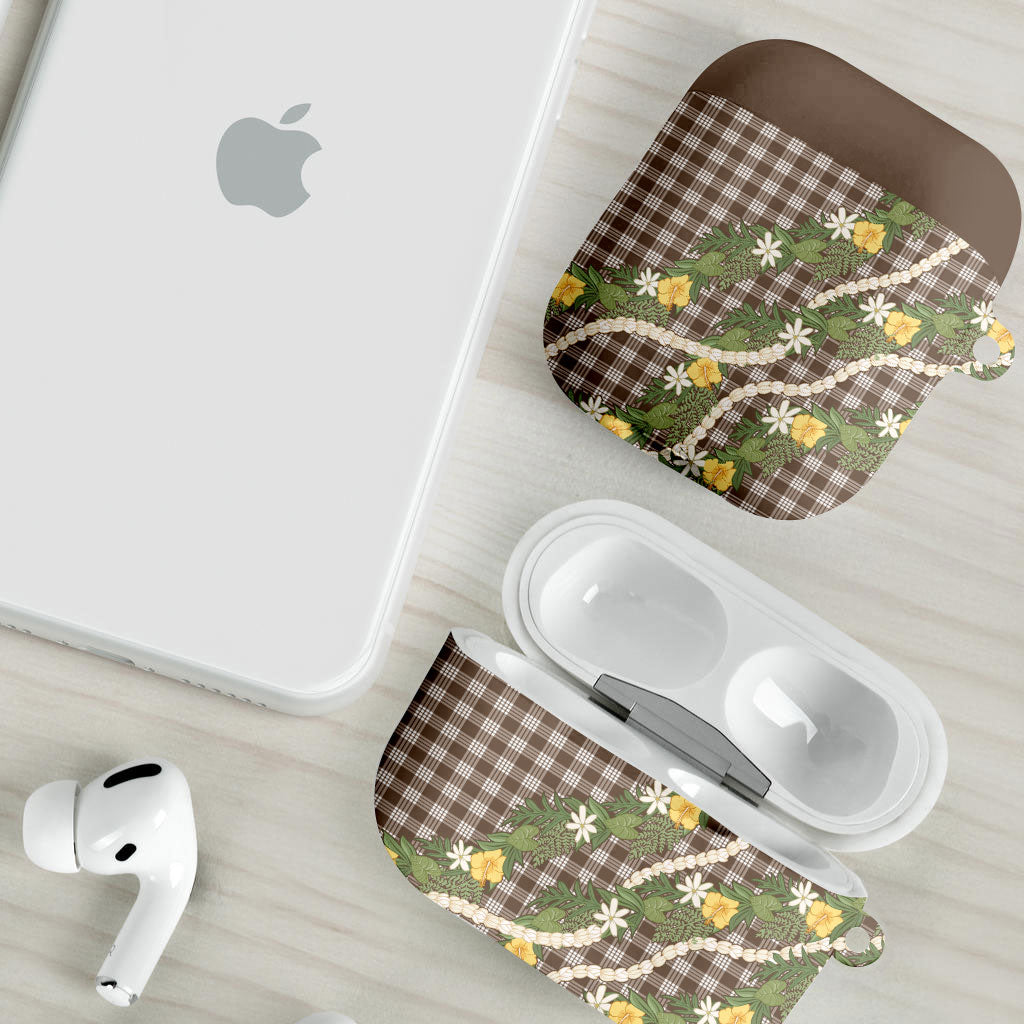Aloha Puakenikeni Anthurium Pikake Lei AirPods Case Chocolate Hawaiian Palaka Pattern