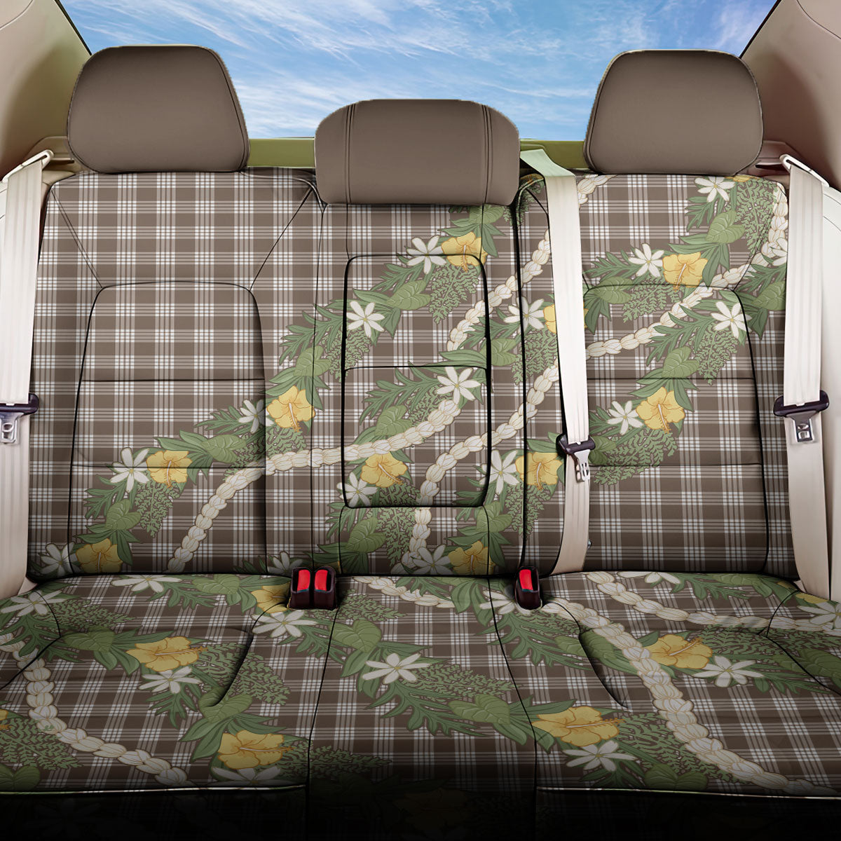 Aloha Puakenikeni Anthurium Pikake Lei Back Car Seat Cover Chocolate Hawaiian Palaka Pattern