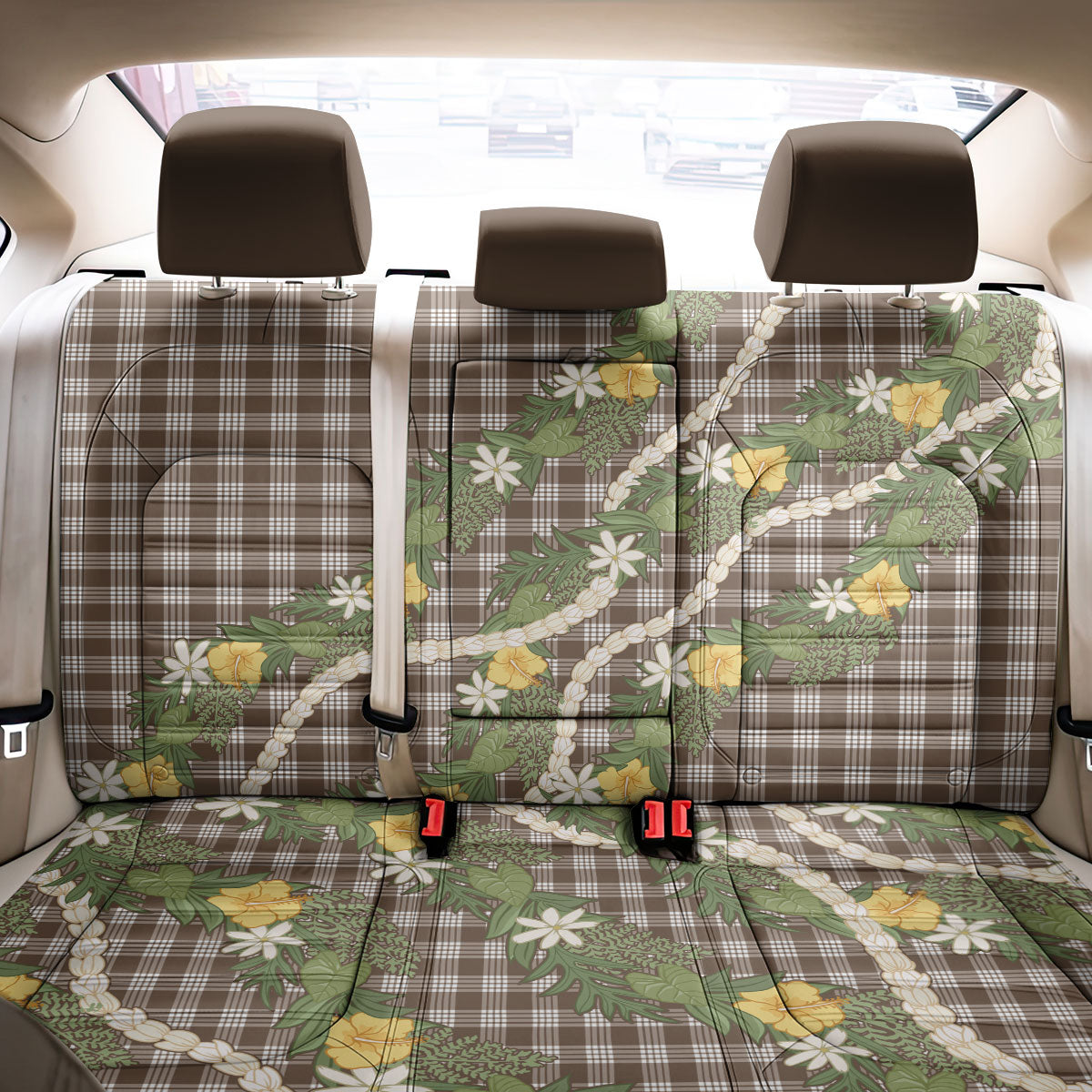 Aloha Puakenikeni Anthurium Pikake Lei Back Car Seat Cover Chocolate Hawaiian Palaka Pattern