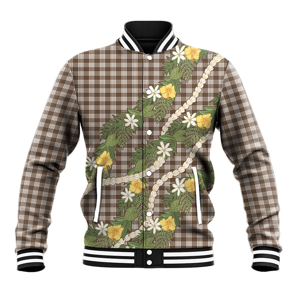 Aloha Puakenikeni Anthurium Pikake Lei Baseball Jacket Chocolate Hawaiian Palaka Pattern LT9 Unisex Chocolate - Polynesian Pride