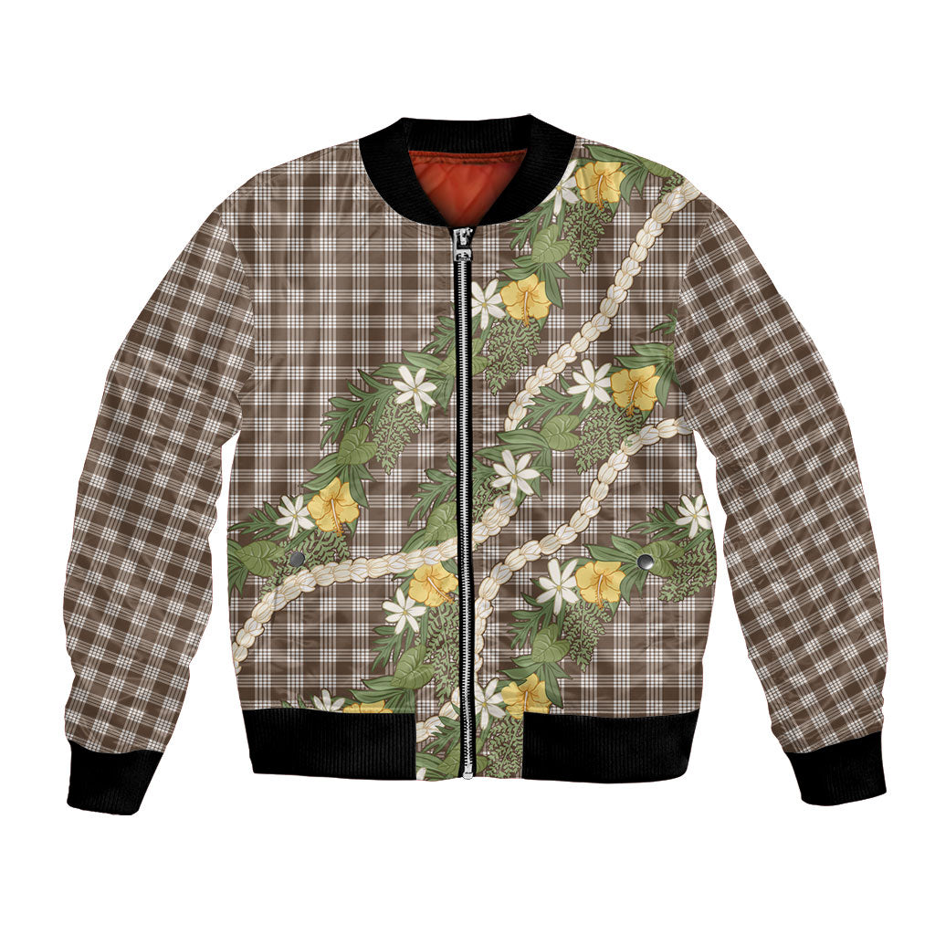 Aloha Puakenikeni Anthurium Pikake Lei Bomber Jacket Chocolate Hawaiian Palaka Pattern LT9 Unisex Chocolate - Polynesian Pride