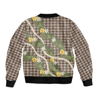 Aloha Puakenikeni Anthurium Pikake Lei Bomber Jacket Chocolate Hawaiian Palaka Pattern