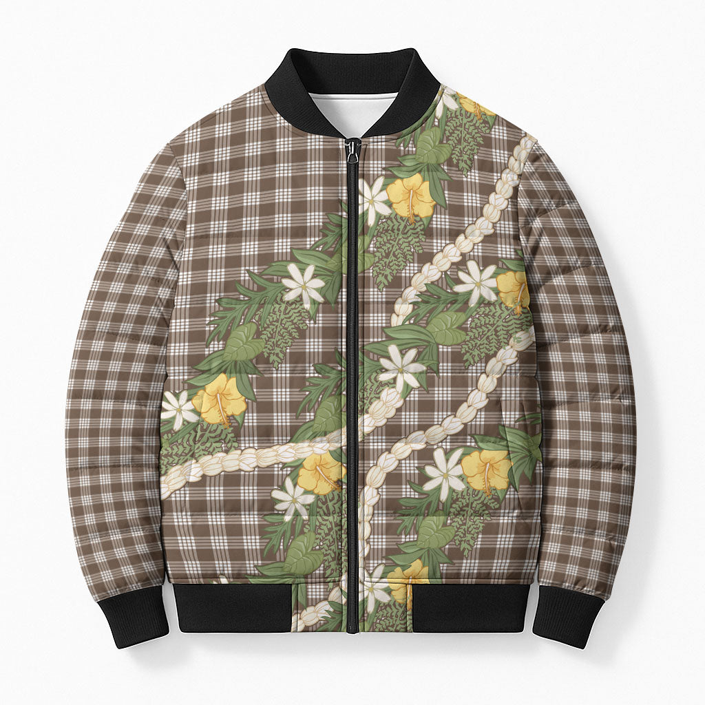 Aloha Puakenikeni Anthurium Pikake Lei Bomber Puffer Jacket Chocolate Hawaiian Palaka Pattern LT9 Unisex Chocolate - Polynesian Pride
