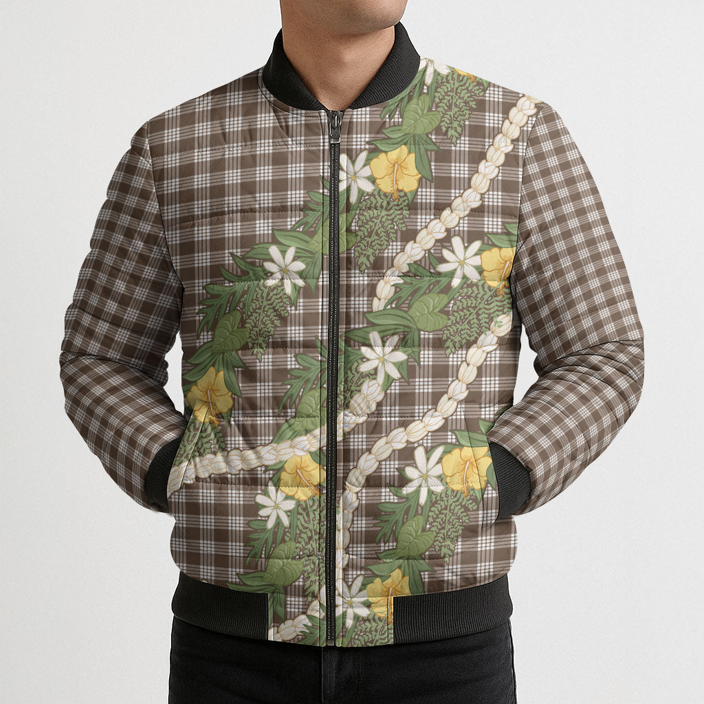 Aloha Puakenikeni Anthurium Pikake Lei Bomber Puffer Jacket Chocolate Hawaiian Palaka Pattern