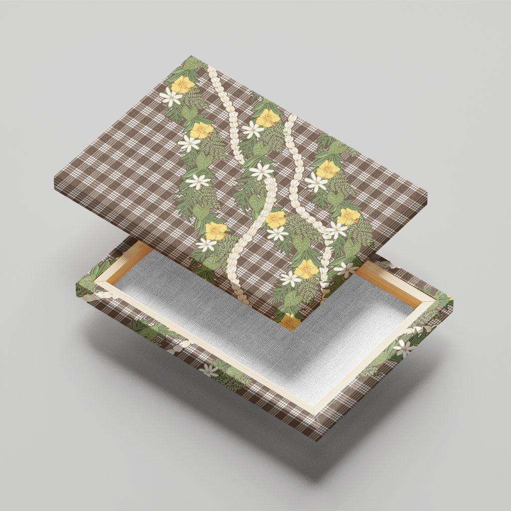 Aloha Puakenikeni Anthurium Pikake Lei Canvas Wall Art Chocolate Hawaiian Palaka Pattern
