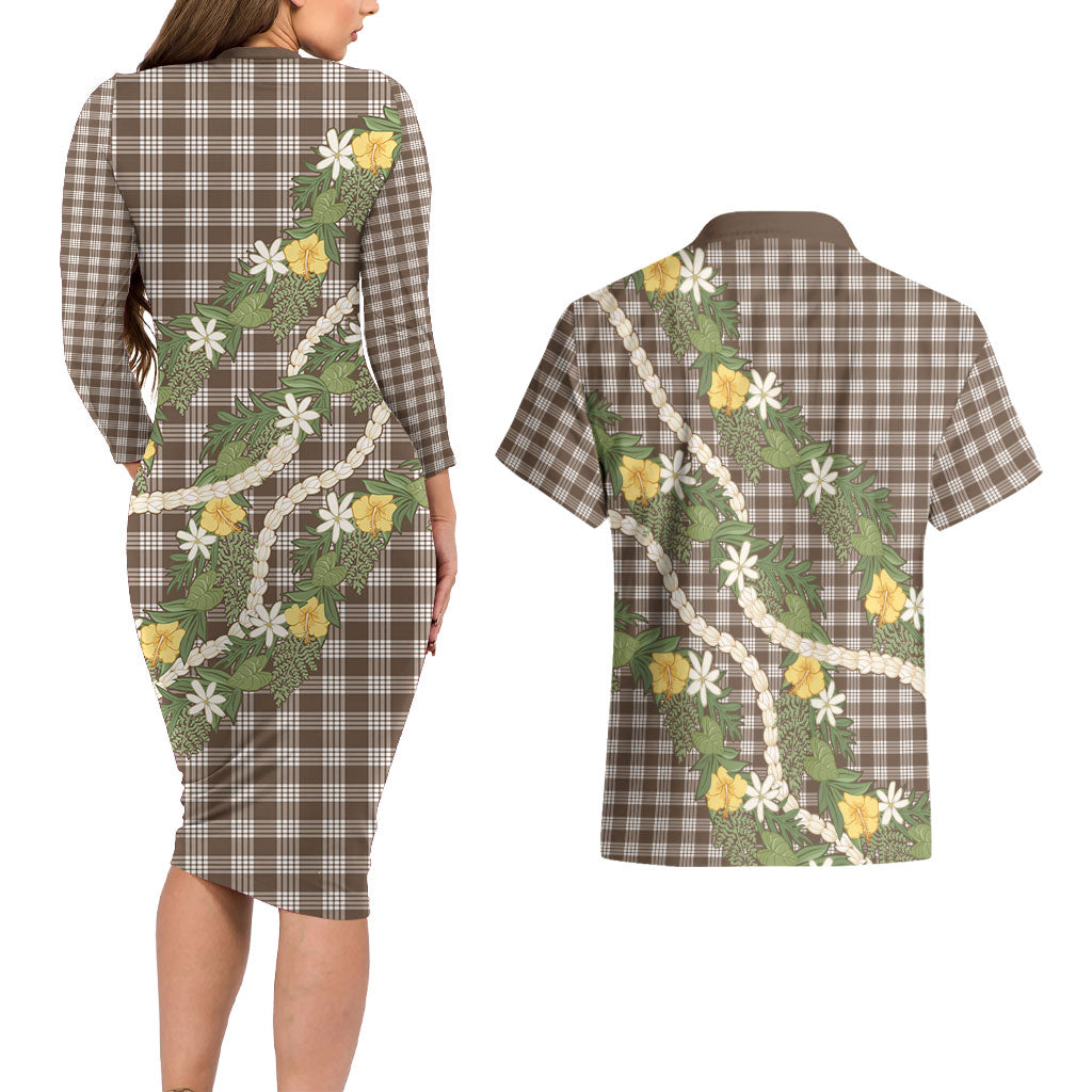 Aloha Puakenikeni Anthurium Pikake Lei Couples Matching Long Sleeve Bodycon Dress and Hawaiian Shirt Chocolate Hawaiian Palaka Pattern